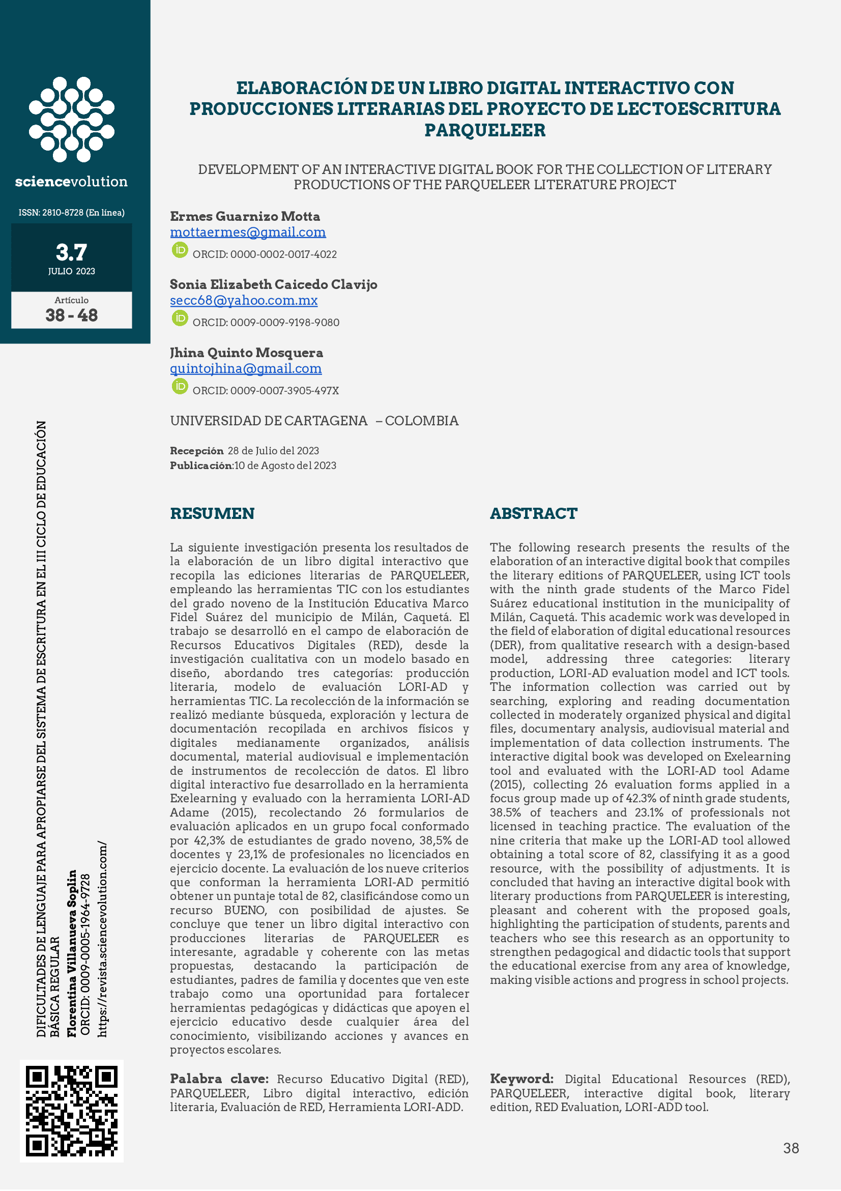 PORTADA ELABORACIÓN DE UN LIBRO DIGITAL INTERACTIVO CON PRODUCCIONES LITERARIAS DEL PROYECTO DE LECTOESCRITURA PARQUELEER